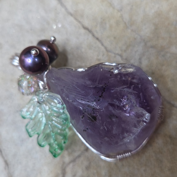 Purple Amathyst Wirerrapped Pendant With Freshwater Pearl And Crystal